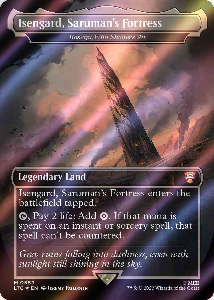 Isengard, Saruman's Fortress - Boseiju, Who Shelters All [389] [Borderless] [Realms and Relics] [The Lord of the Rings: Tales of Middle-earth: Commander] [Surge Foil]