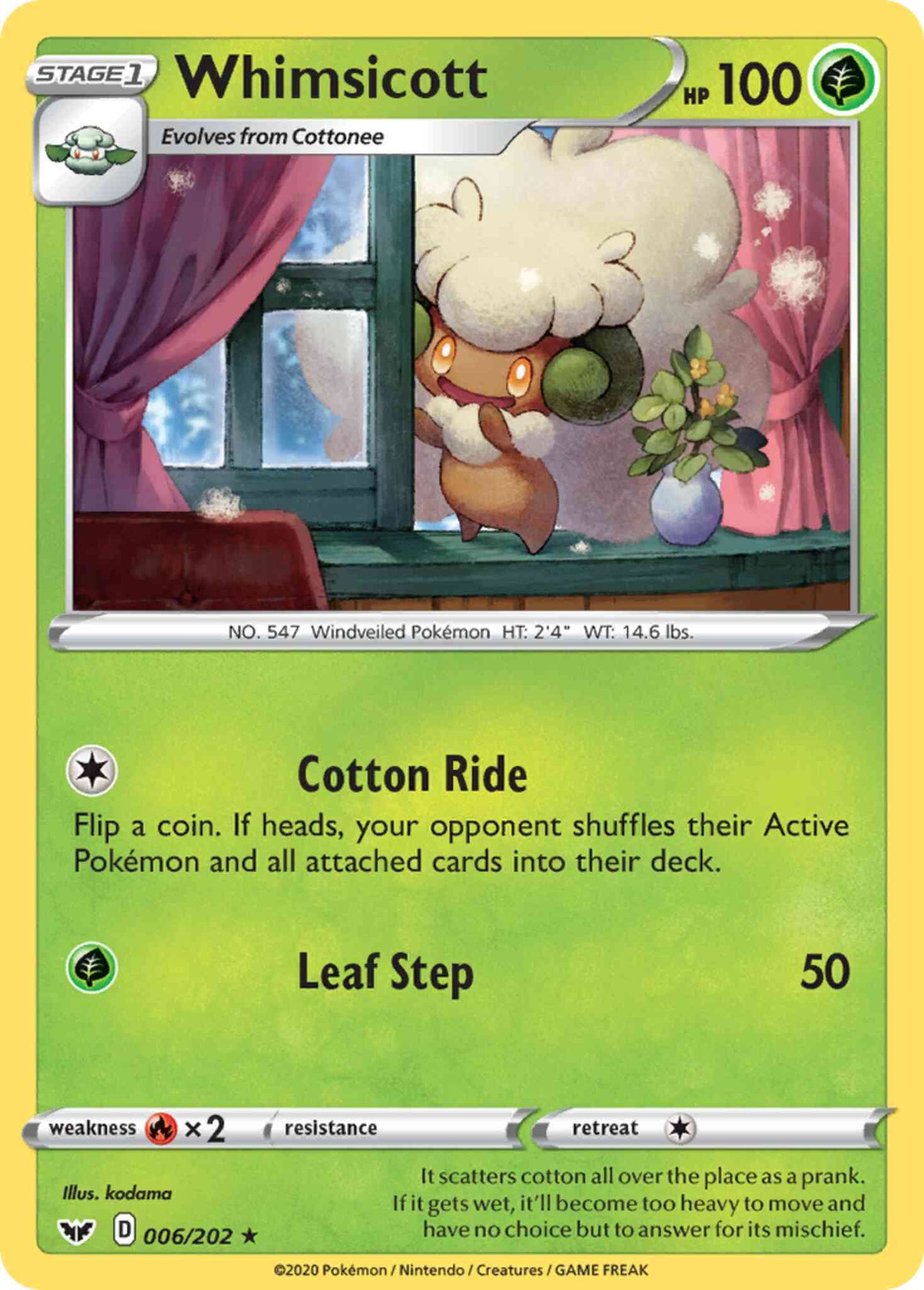 Whimsicott - 006/202 - Rare [swsh1-006] [Reverse Holo]