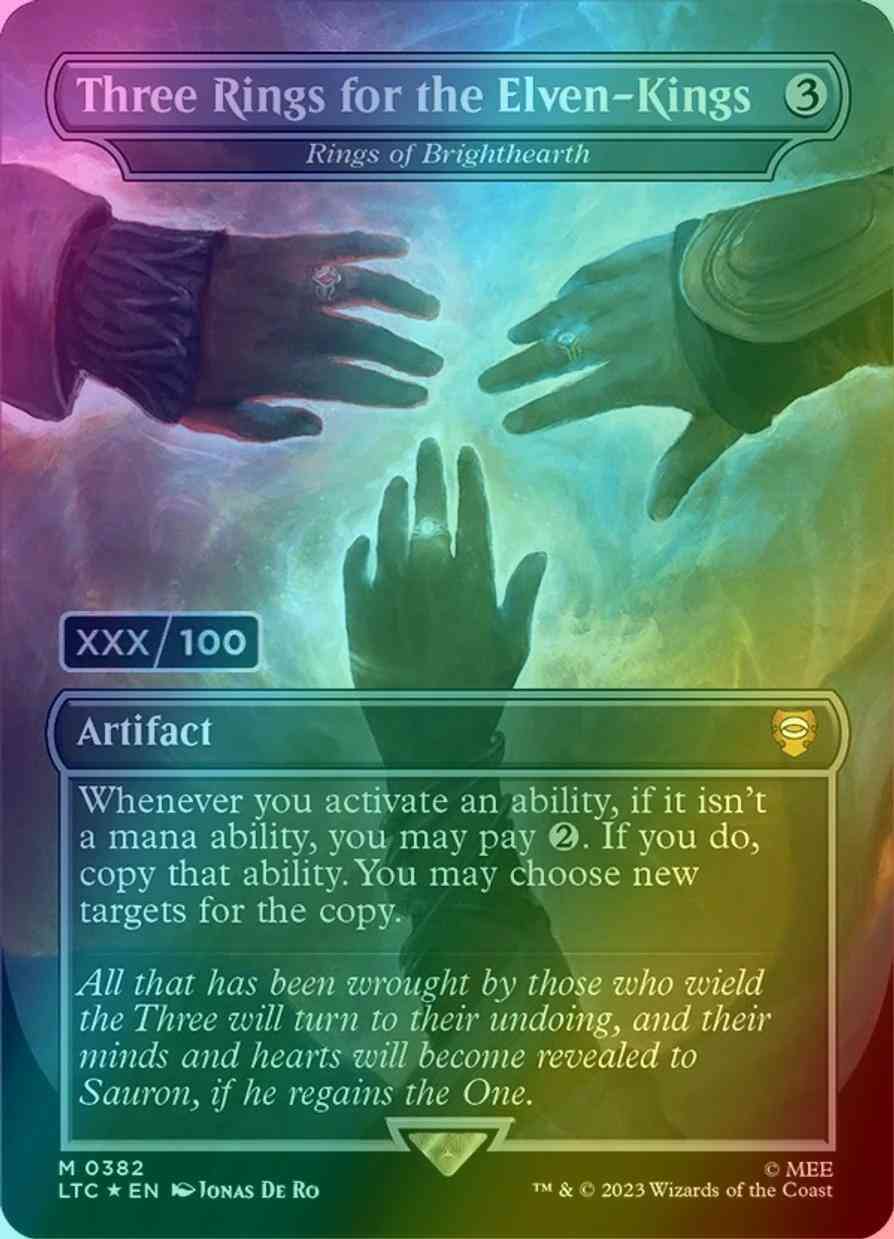 Three Rings for the Elven-Kings - Rings of Brighthearth - Serial Numbered [382z] [Borderless] [Realms and Relics] [The Lord of the Rings: Tales of Middle-earth: Commander] [Foil]