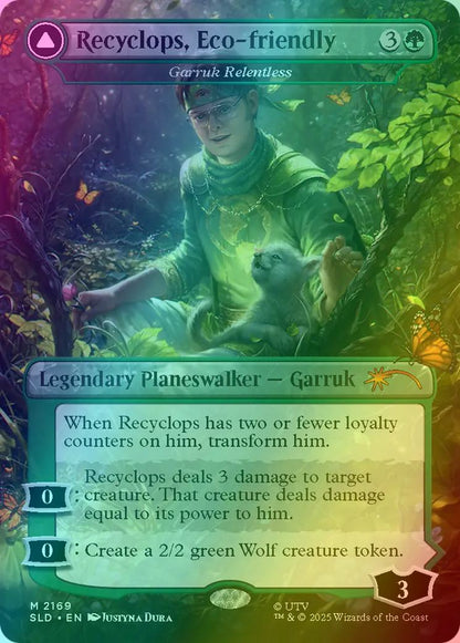 Recyclops, Eco-Friendly - Garruk Relentless // Recyclops, Nature's Vengeance - Garruk, the Veil-Cursed [2169] [Borderless] [The Office: Dwight's Destiny] [Secret Lair Drop] [Foil]