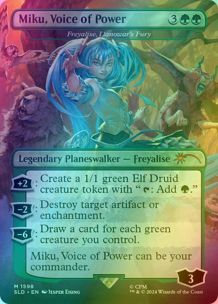 Miku, Voice of Power - Freyalise, Llanowar's Fury [1598] [Borderless] [Hatsune Miku: Electric Entourage] [Secret Lair Drop] [Foil]