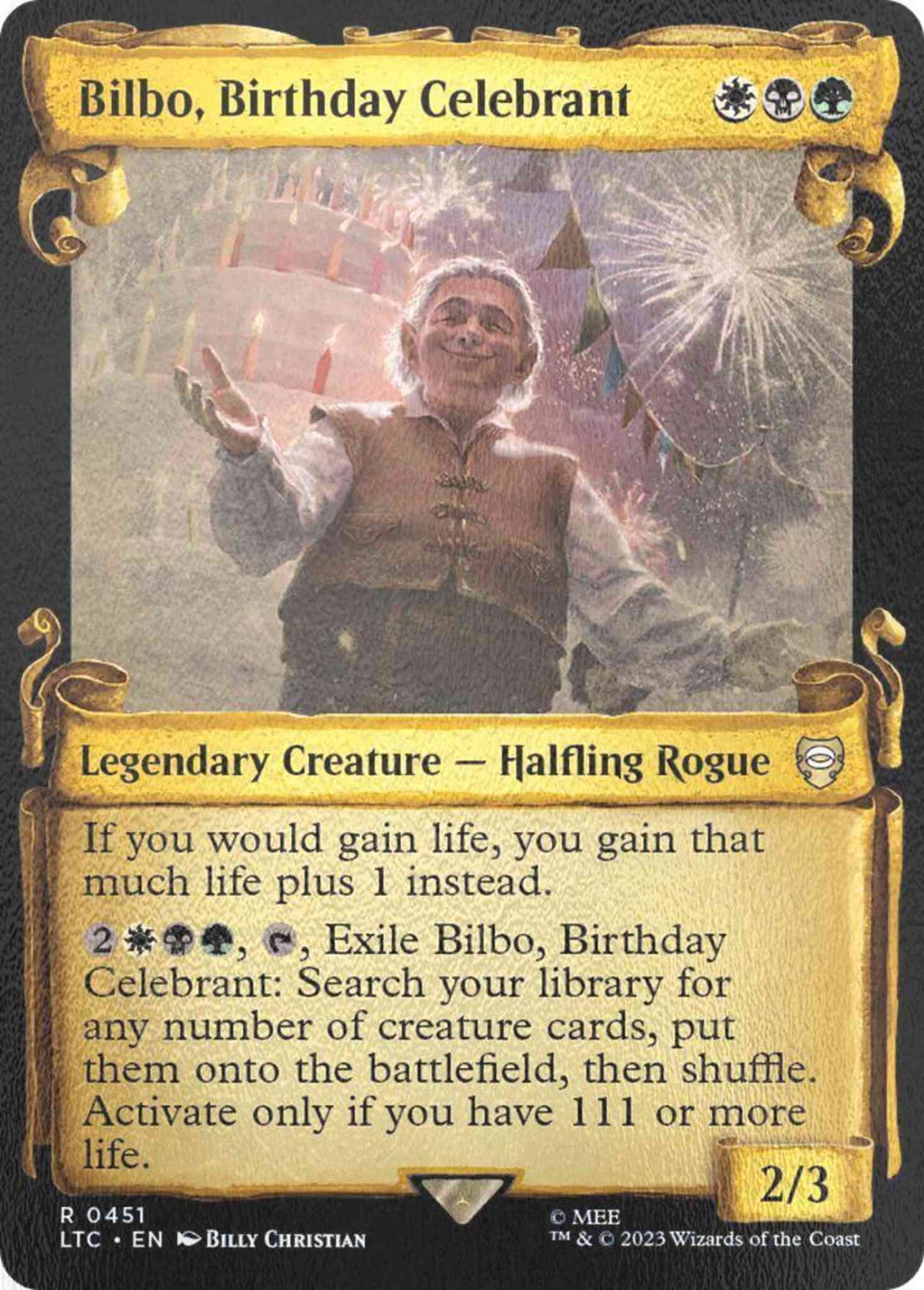 Bilbo, Birthday Celebrant [451] [Scrolls Showcase] [The Lord of the Rings: Tales of Middle-earth: Commander] [Silver Foil]