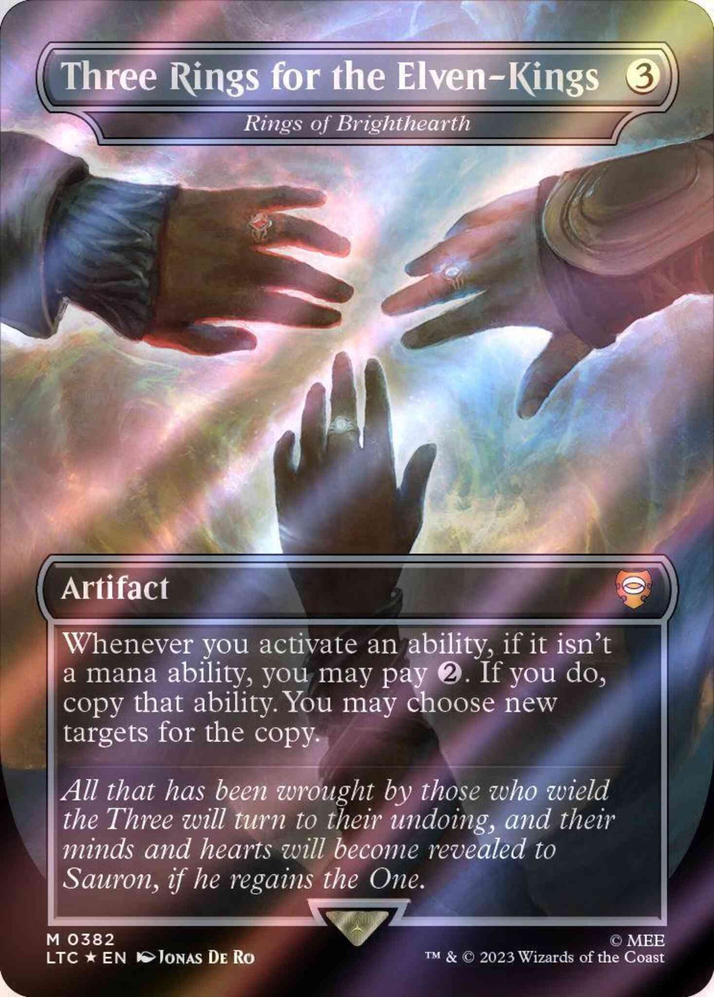 Three Rings for the Elven-Kings - Rings of Brighthearth [382] [Borderless] [Realms and Relics] [The Lord of the Rings: Tales of Middle-earth: Commander] [Surge Foil]