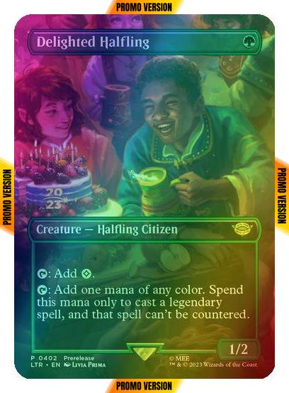 Delighted Halfling [402] [Stamped] [Borderless] [Prerelease] [The Lord of the Rings: Tales of Middle-earth: Promos] [Foil]