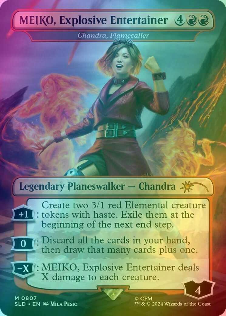 MEIKO, Explosive Entertainer - Chandra, Flamecaller [0807] [Borderless] [Hatsune Miku: Electric Entourage] [Secret Lair Drop] [Foil]